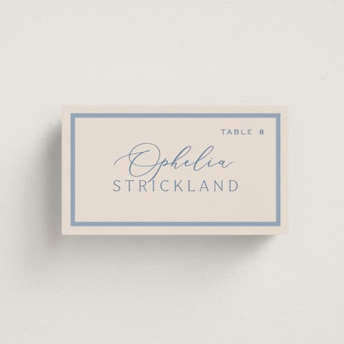 This is a periwinkle wedding place cards with standard by Hooray Creative called twin border printing on signature in placecard
