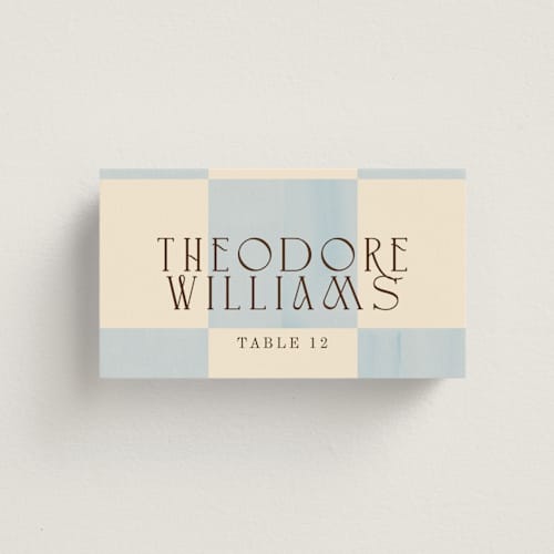 This is a ivory wedding place cards with standard by Baumbirdy called checker wash printing on signature in placecard