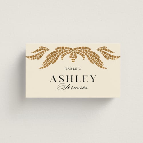 This is a sand wedding place cards with standard by GeekInk Design called floral mosaic printing on signature in placecard