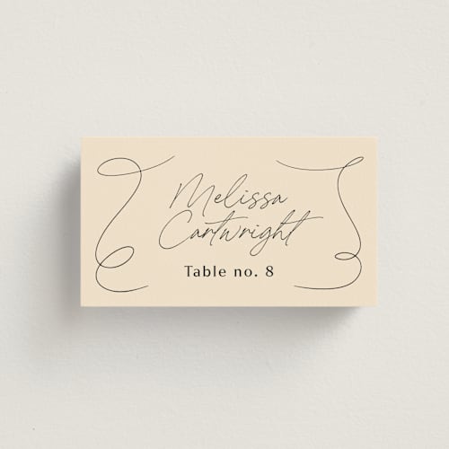 This is a champagne wedding place cards with standard by Wallace Design Co. called french whimsy script printing on signature in placecard