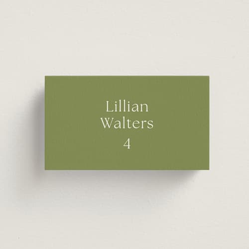 This is a moss wedding place cards with standard by Megan Davis called perriand printing on signature in placecard