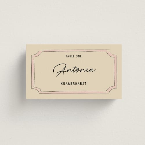 This is a linen wedding place cards with standard by Helena Vitto called modern fairy tale printing on signature in placecard