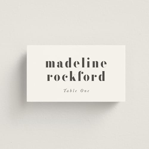 This is a charcoal wedding place cards with standard by Lori Wemple called monogram square printing on signature in placecard