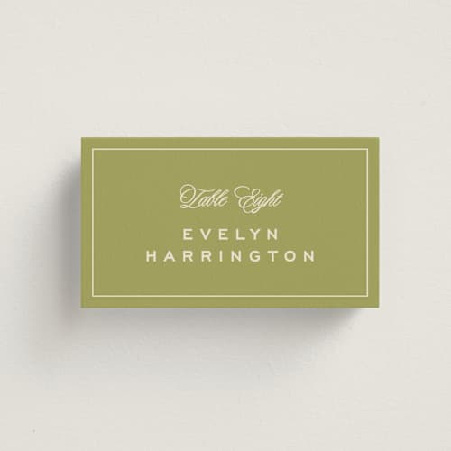 This is a olive wedding place cards with standard by Ellen Schlegelmilch called rory printing on signature in placecard