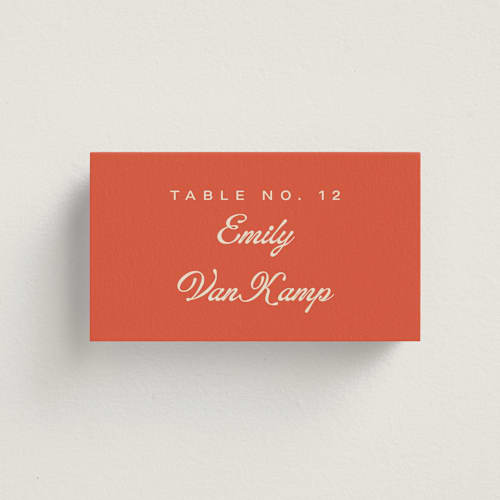 This is a tangerine wedding place cards with standard by Alethea and Ruth called modern bold printing on signature in placecard