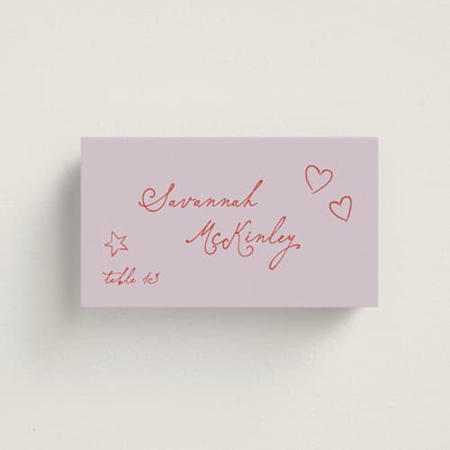 This is a lavender wedding place cards with standard by Kelly Watkins called whimsical printing on signature in placecard