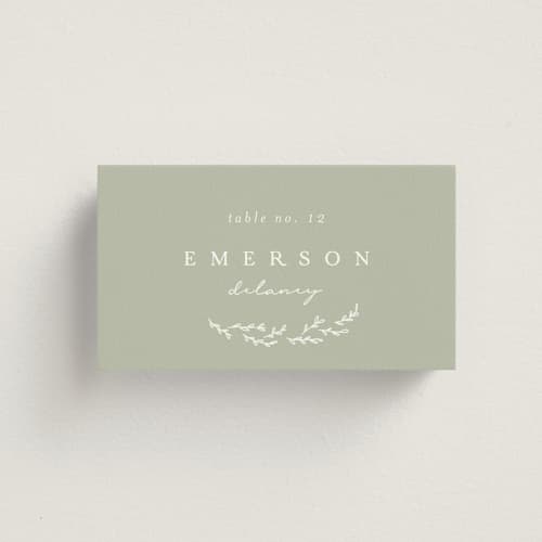 This is a sage wedding place cards with standard by Brianne Larsen called branched printing on signature in placecard