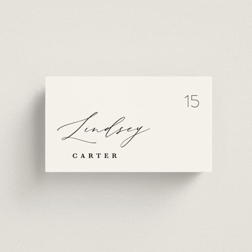 This is a tuxedo wedding place cards with standard by Kate Ahn called paire printing on signature in placecard