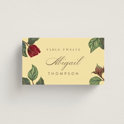 This is a mimosa wedding place cards with standard by Leah Bisch called enchanted rose from disney's beauty & the beast printing on signature in placecard