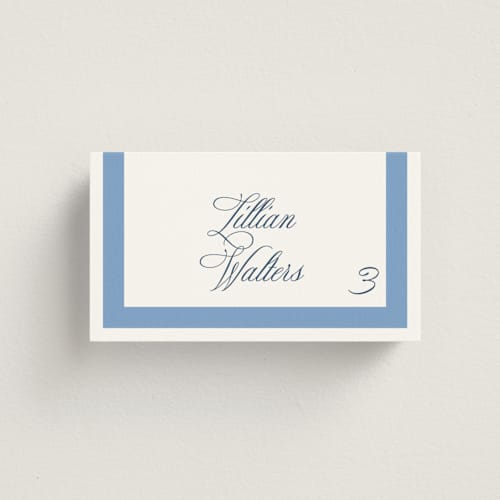 This is a blue bell wedding place cards with standard by Megan Davis called montauk printing on signature in placecard