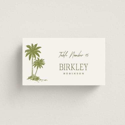 This is a palm wedding place cards with standard by Jenna Holcomb called west coast toile printing on signature in placecard