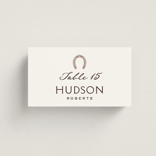 This is a leather wedding place cards with standard by Jenna Holcomb called mountain ranch toile printing on signature in placecard