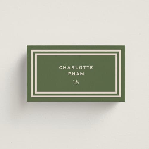 This is a fern wedding place cards with standard by Megan Davis called racquet printing on signature in placecard