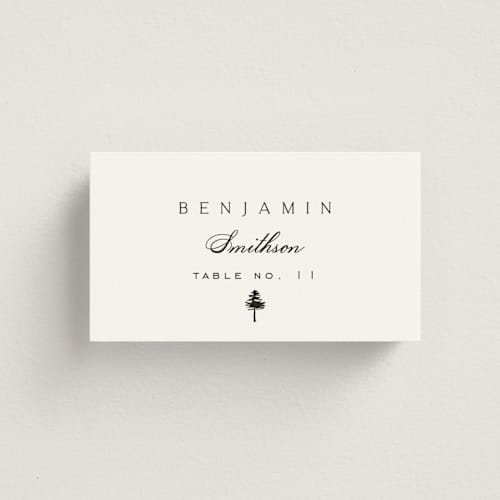 This is a cotton wedding place cards with standard by Amy Kross called aspen knoll printing on signature in placecard