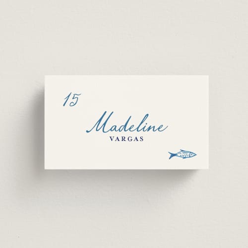 This is a cerulean wedding place cards with standard by Tamara Hilje called positano printing on signature in placecard