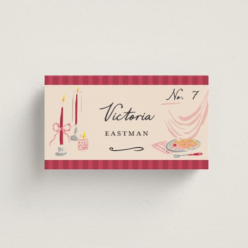 This is a cherry wedding place cards with standard by Sarah Rosenthal called velvet cherry printing on signature in placecard