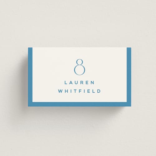 This is a cerulean wedding place cards with standard by Kristie Kern called the emma printing on signature in placecard