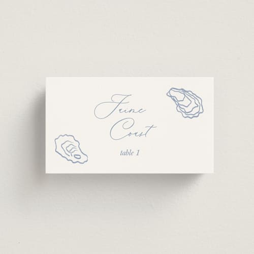 This is a oyster blue wedding place cards with standard by Cotton and Bow called i found my pearl printing on signature in placecard