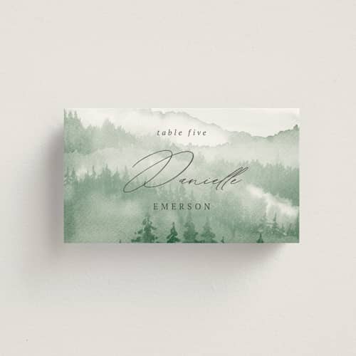 This is a fern wedding place cards with standard by Helen Halik called over the mountains printing on signature in placecard