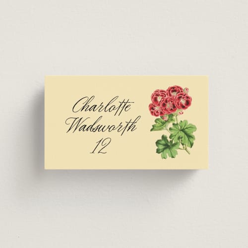 This is a crimson wedding place cards with standard by Kamala Nahas called vintage flower printing on signature in placecard