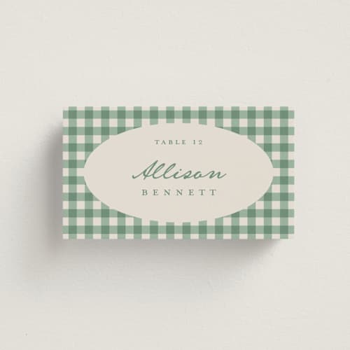 This is a meadow wedding place cards with standard by Kelly Watkins called gingham printing on signature in placecard