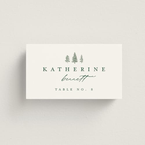 This is a pine wedding place cards with standard by Amy Kross called mountain ridge printing on signature in placecard