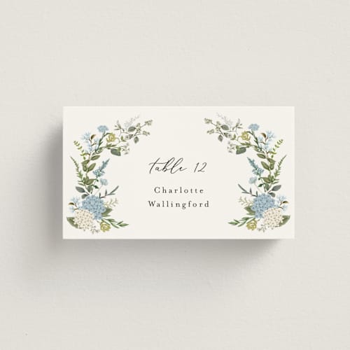 This is a coastal wedding place cards with standard by Susan Moyal called hydrangea vine printing on signature in placecard