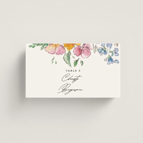 This is a tropical wedding place cards with standard by Itsy Belle Studio called floral pop printing on signature in placecard