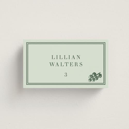 This is a mint wedding place cards with standard by Megan Davis called perry printing on signature in placecard