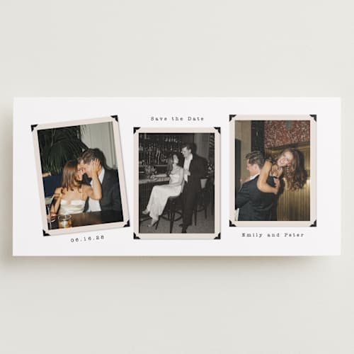 This is a snow save the date with standard by Tamara Hilje called vintage album printing on recycled smooth signature in tall