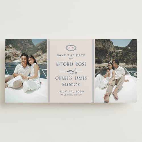 This is a lagoon save the date with standard by Snow and Ivy called palermo printing on recycled smooth signature in tall