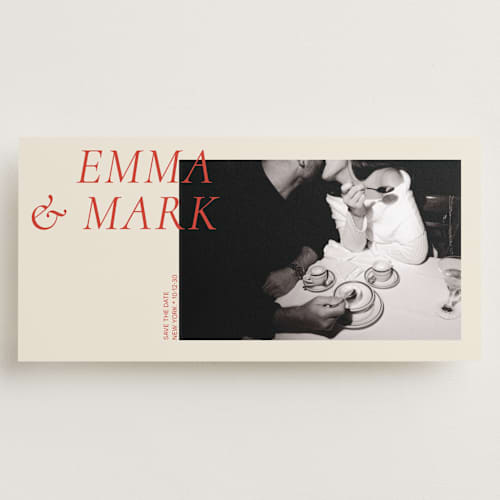 This is a pomodoro save the date with standard by Hattie and Jane called editorial moment printing on recycled smooth signature in tall