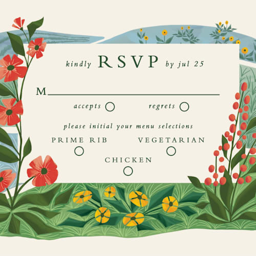 This is a barn rsvp postcards with standard by Paper Sun Studio called farm and field printing on signature in postcard