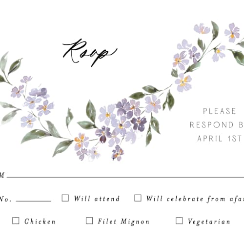This is a periwinkle rsvp postcards with standard by Itsy Belle Studio called sweeping vine printing on signature in postcard