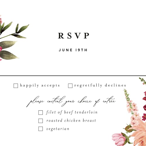 This is a magenta rsvp postcards with standard by Susan Moyal called lush printing on signature in postcard