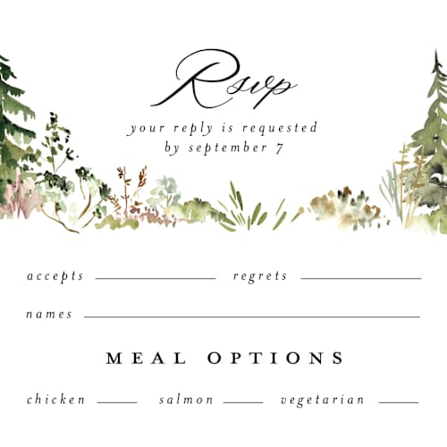 This is a forest rsvp postcards with standard by Petra Kern called great outdoors printing on signature in postcard