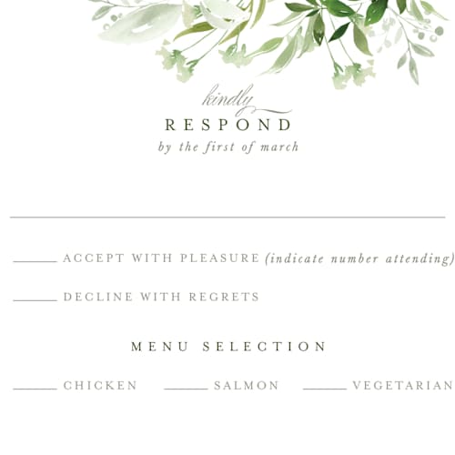This is a garden rsvp postcards with standard by Leah Bisch called verdure printing on signature in postcard