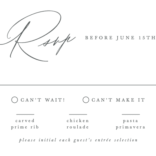 This is a pearl rsvp postcards with standard by Hooray Creative called scripted names printing on signature in postcard
