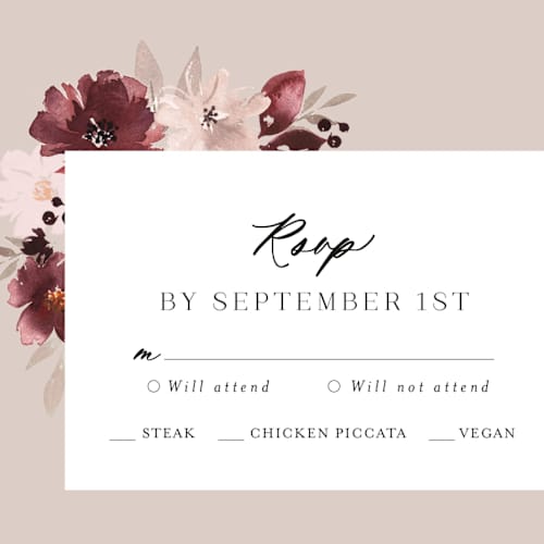 This is a burgundy rsvp postcards with standard by Itsy Belle Studio called emyn printing on signature in postcard