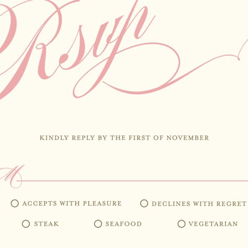 This is a petal pink rsvp postcards with standard by Annie Clark called winter flourish printing on signature in postcard