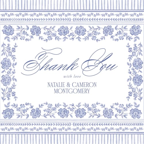 This is a cerulean thank you postcards with standard by Jenna Holcomb called embroidered printing on signature in postcard