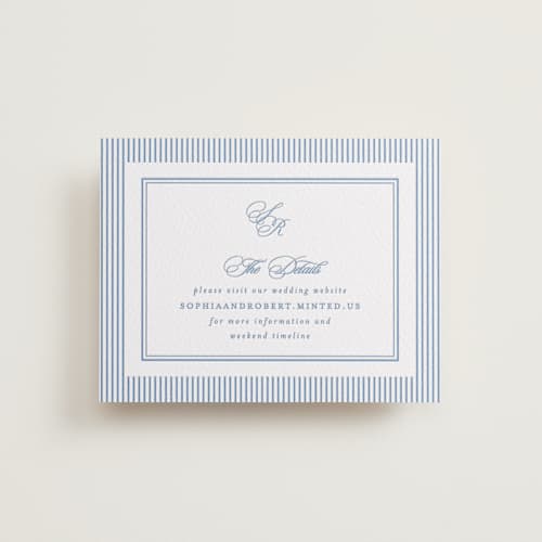This is a pacific blue letterpress wedding invitations with letterpress by Creo Study called posh printing on white cotton in standard