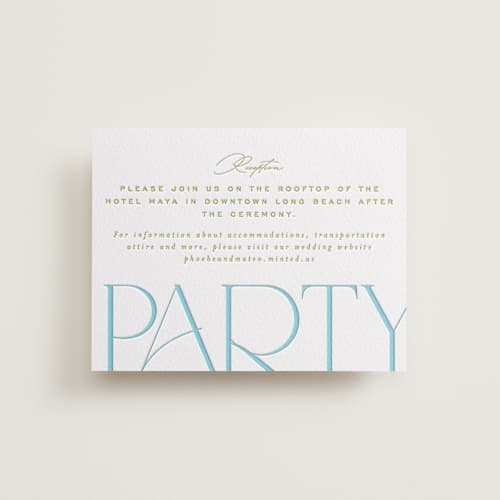 This is a robin's egg letterpress wedding invitations with letterpress by Owl and Toad called numerical printing on white cotton in standard