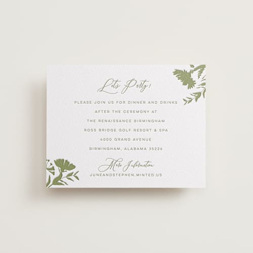 This is a olive letterpress wedding invitations with letterpress by Erin Hodges called untied printing on white cotton in standard