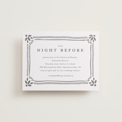 This is a graphite enclosure cards with letterpress by Melanie Kosuge called cosette printing on white cotton in standard
