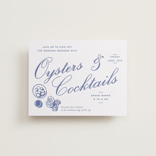 This is a mediterranean enclosure cards with letterpress by Megan Davis called brasserie printing on white cotton in standard