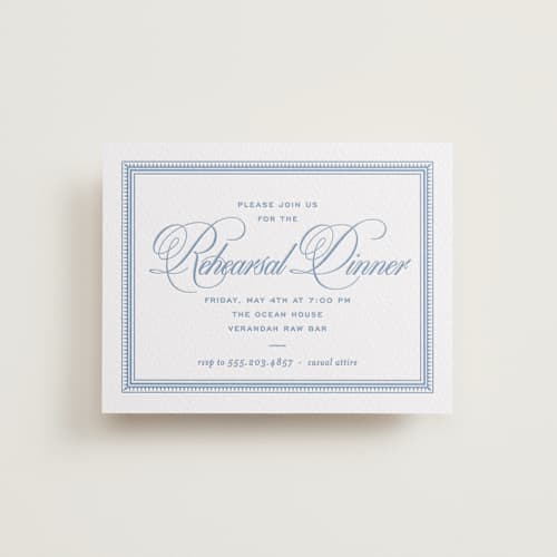 This is a pacific blue enclosure cards with letterpress by Megan Davis called maison printing on white cotton in standard
