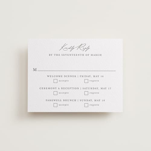 This is a graphite rsvp cards with letterpress by Sarah Brown called mountainview printing on white cotton in standard