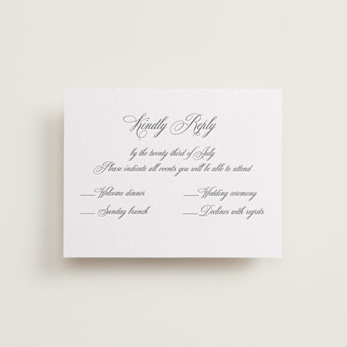 This is a soft black rsvp cards with letterpress by Benita Crandall called palazzo printing on white cotton in standard