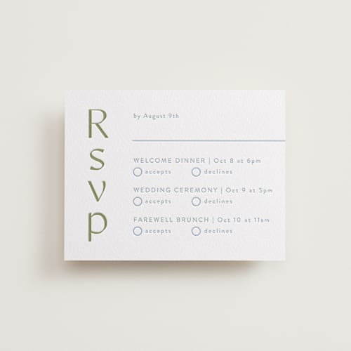 This is a olive rsvp cards with letterpress by Melanie Kosuge called ayumi printing on white cotton in standard